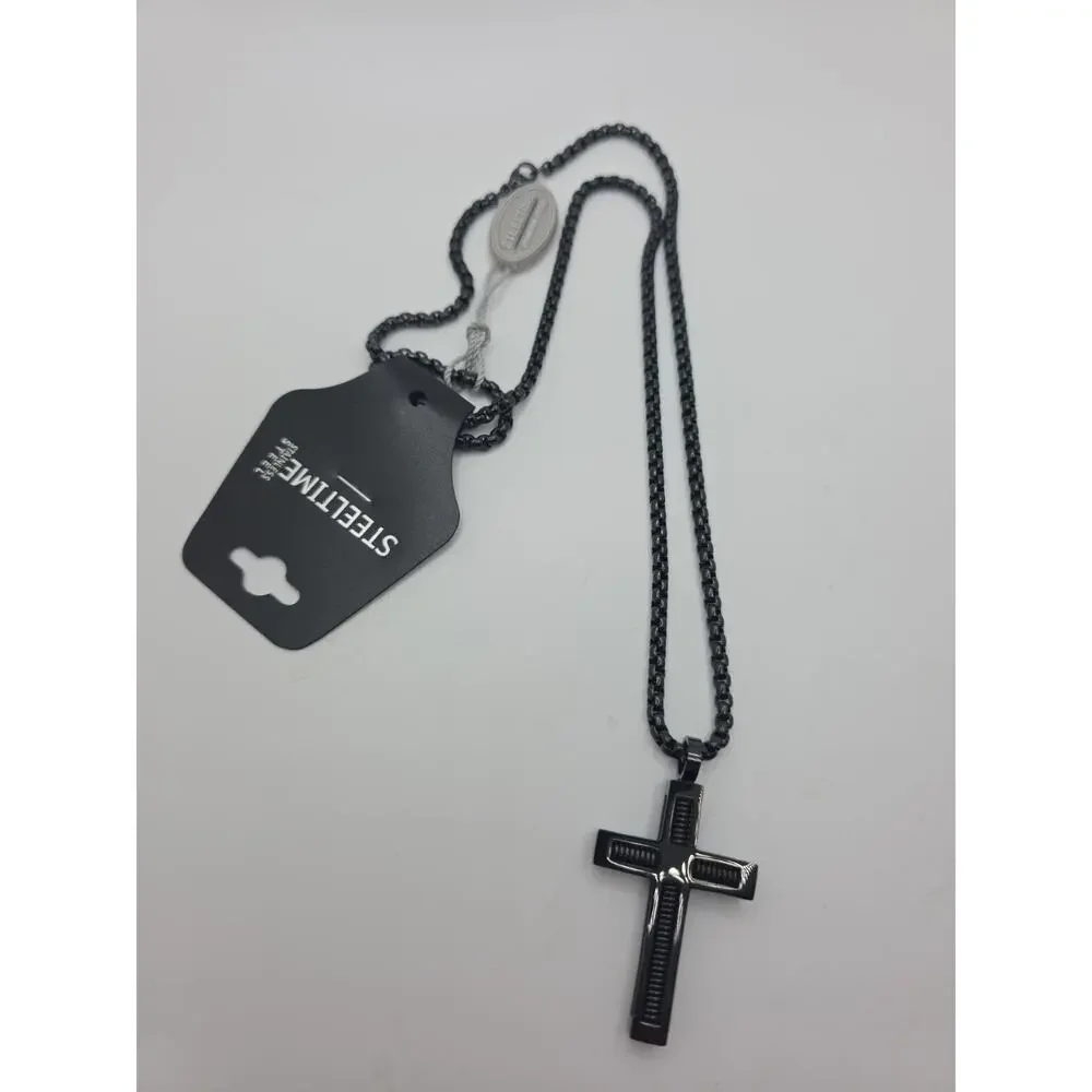 Steeltime Mens Stainless Steel Spring Inlay Cross Pendant Black
